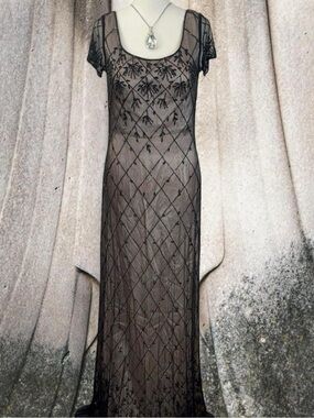 Vintage 90s Beaded Mesh Gown Size 10 Art Deco Gothic Formal Dress Romantic Goth